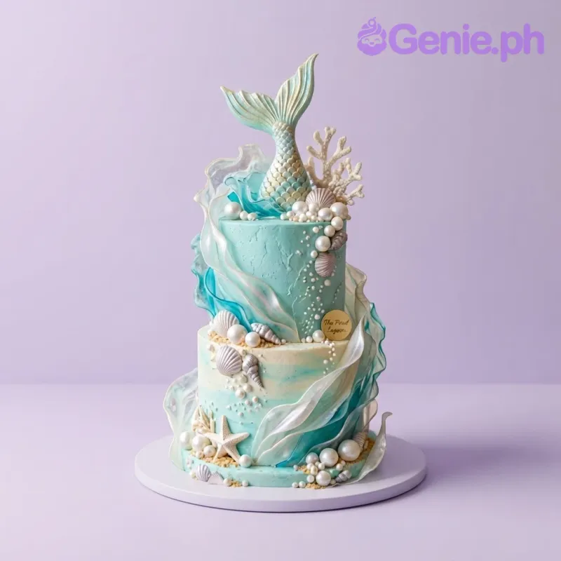 Two-tier light blue cake with a sculpted mermaid tail topper, coral, seashells, starfish, and sugar pearls. Two-tier light blue cake with a sculpted mermaid tail topper, coral, seashells, starfish, and sugar pearls.