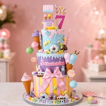 Colorful 3-tier candy land birthday cake with ice cream cones, lollipops, a pink number seven, and a large bow Colorful 3-tier candy land birthday cake with ice cream cones, lollipops, a pink number seven, and a large bow