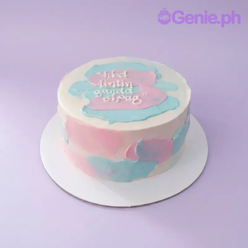 A white 1 Tier cake themed around Minimalist Abstract, featuring pink and light blue palette knife strokes and white icing text.