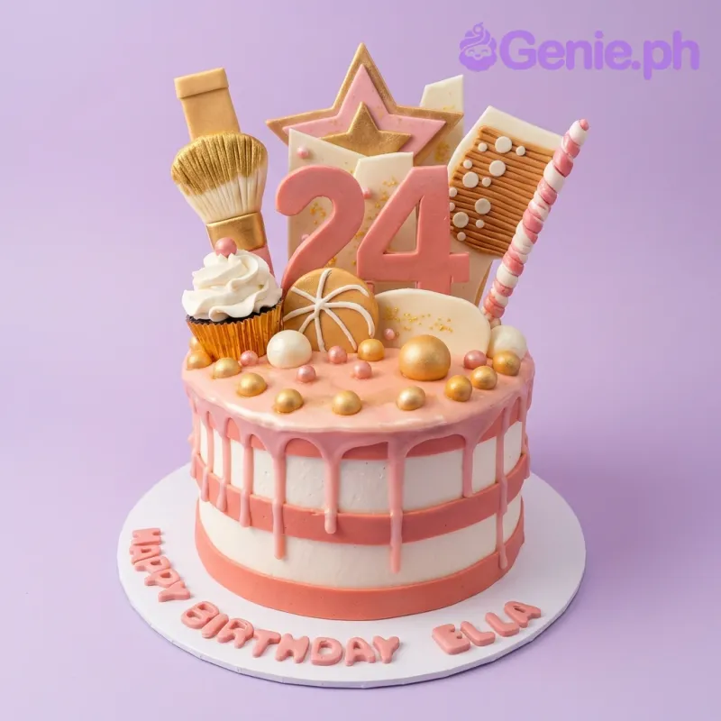 A pink and white 1 Tier cake themed around 24th Birthday, featuring a pink number 24 topper, gold spheres, and a cupcake decoration. A pink and white 1 Tier cake themed around 24th Birthday, featuring a pink number 24 topper, gold spheres, and a cupcake decoration.