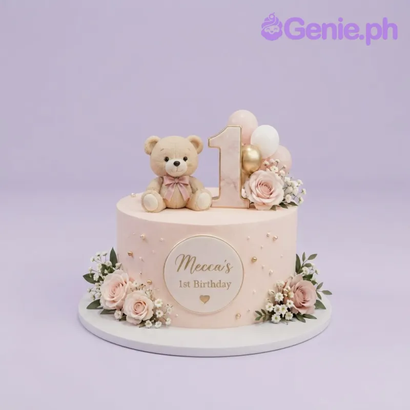 Peach 1 tier soft icing birthday cake with a teddy bear topper, number one acrylic, and pastel roses Peach 1 tier soft icing birthday cake with a teddy bear topper, number one acrylic, and pastel roses