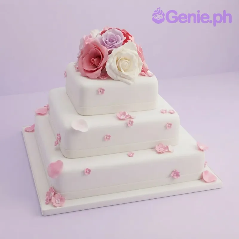 White 3-tier fondant cake decorated with large pink and white roses on top and scattered small pink flowers on the sides. White 3-tier fondant cake decorated with large pink and white roses on top and scattered small pink flowers on the sides.