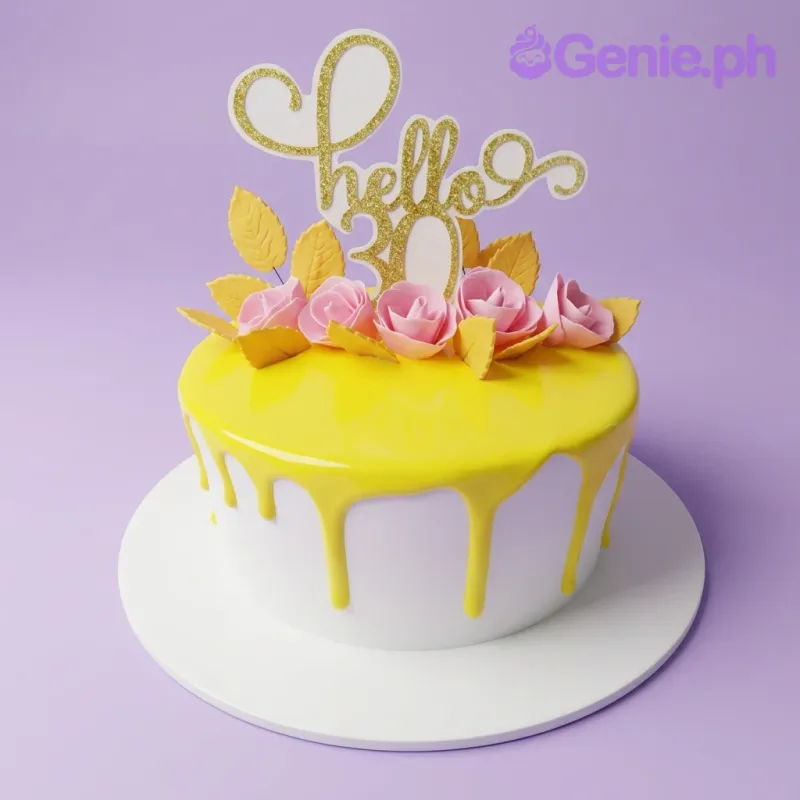 A white 1-tier cake with yellow drip, pink fondant roses, yellow leaves, and a gold glitter 'Hello 30' topper. A white 1-tier cake with yellow drip, pink fondant roses, yellow leaves, and a gold glitter 'Hello 30' topper.