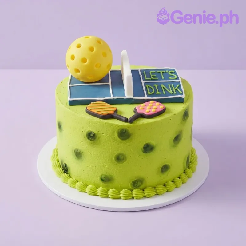 Light green 1-tier birthday cake with a pickleball court topper, large yellow ball, and paddles Light green 1-tier birthday cake with a pickleball court topper, large yellow ball, and paddles