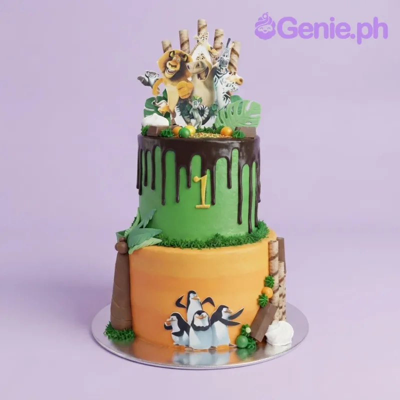 Green and orange 2-tier birthday cake with a Madagascar character printout, chocolate drip, and wafer roll accents Green and orange 2-tier birthday cake with a Madagascar character printout, chocolate drip, and wafer roll accents