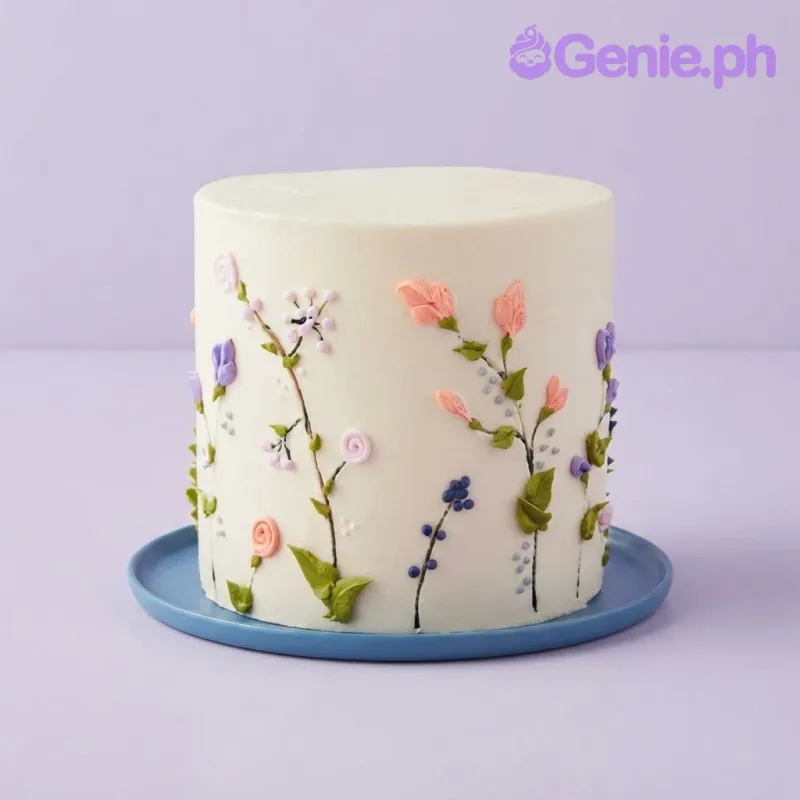 White 1-tier cake with soft icing finish, decorated with hand-piped floral icing artwork in pastel colors White 1-tier cake with soft icing finish, decorated with hand-piped floral icing artwork in pastel colors