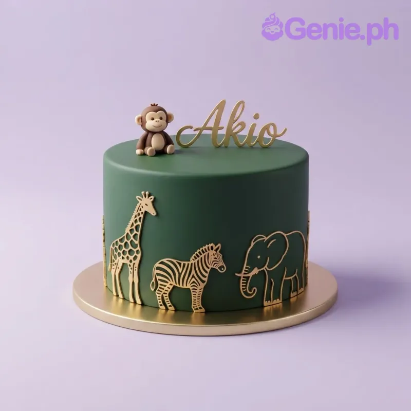 Dark green 1-tier fondant jungle safari cake with a cute monkey topper, gold acrylic name, and animal silhouettes Dark green 1-tier fondant jungle safari cake with a cute monkey topper, gold acrylic name, and animal silhouettes
