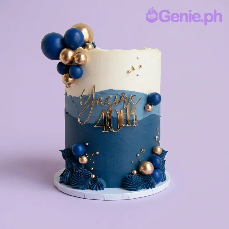 Tall navy and ivory cake with gold and blue spheres, gold sprinkles, and a gold 40th birthday topper. Tall navy and ivory cake with gold and blue spheres, gold sprinkles, and a gold 40th birthday topper.