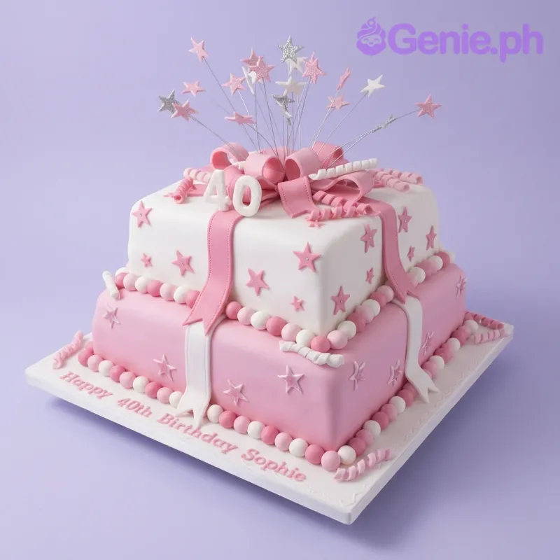A pink and white 2-tier square fondant 40th birthday cake, with a large pink bow, white '40', pink stars, and white pearls. A pink and white 2-tier square fondant 40th birthday cake, with a large pink bow, white '40', pink stars, and white pearls.