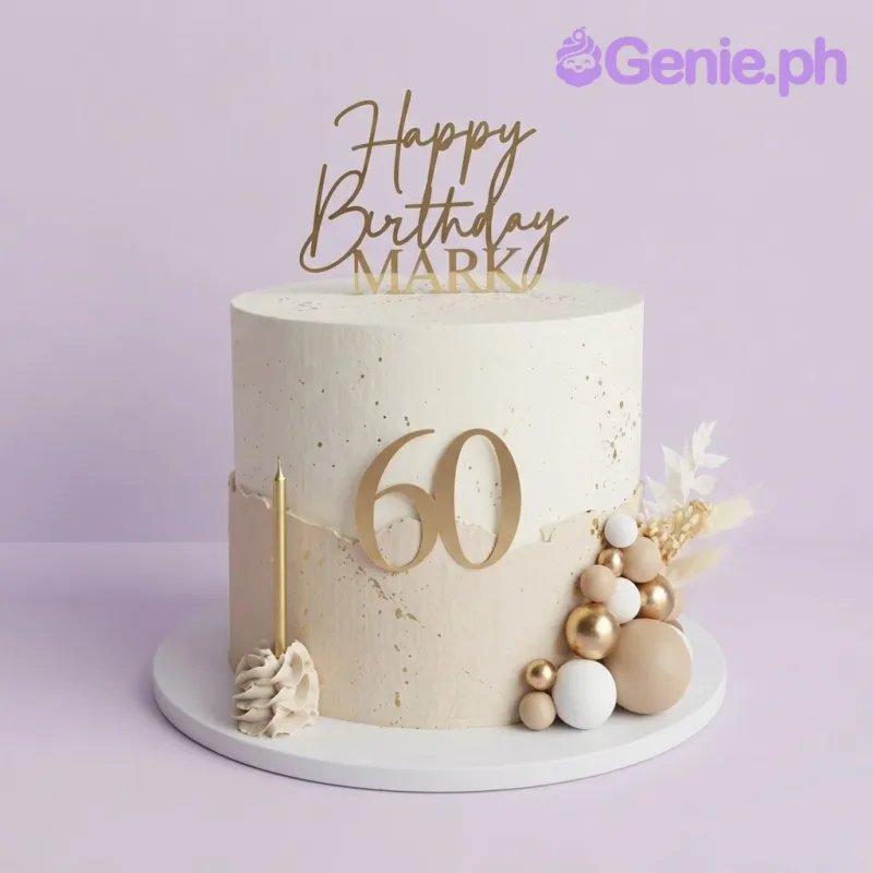 Off-white single tier cake with smooth soft icing, gold minimalist design, and gold spherical balls Off-white single tier cake with smooth soft icing, gold minimalist design, and gold spherical balls