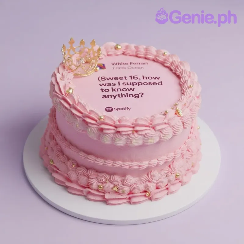 Pink 1-tier cake with piped ruffles, a gold crown topper, and a Spotify-themed edible photo top Pink 1-tier cake with piped ruffles, a gold crown topper, and a Spotify-themed edible photo top