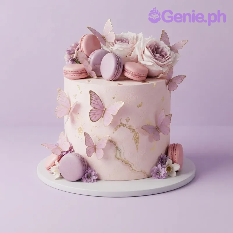 Peach 1-tier soft icing cake with pink roses, purple macarons, and pink butterfly cutouts Peach 1-tier soft icing cake with pink roses, purple macarons, and pink butterfly cutouts
