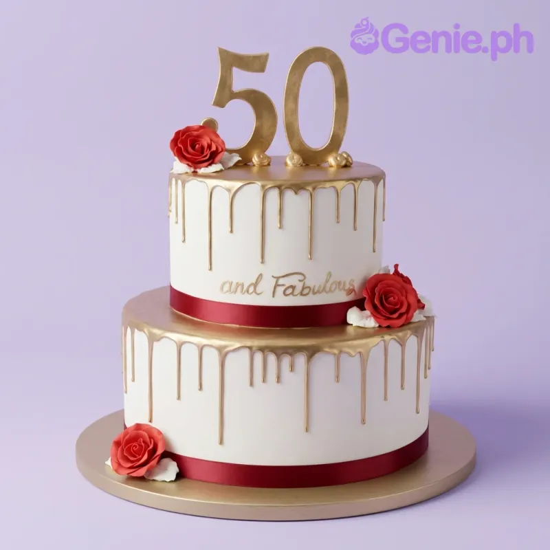 A white 2-tier cake with gold drip, red roses, white petals, and a gold '50 and Fabulous' topper. A white 2-tier cake with gold drip, red roses, white petals, and a gold '50 and Fabulous' topper.