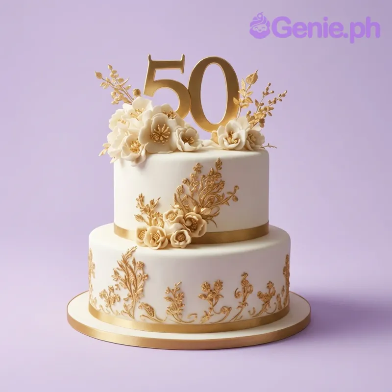 A white and gold 2-tier fondant cake for a 50th Anniversary, with a gold '50' topper, gold floral patterns, and white sugar flowers. A white and gold 2-tier fondant cake for a 50th Anniversary, with a gold '50' topper, gold floral patterns, and white sugar flowers.