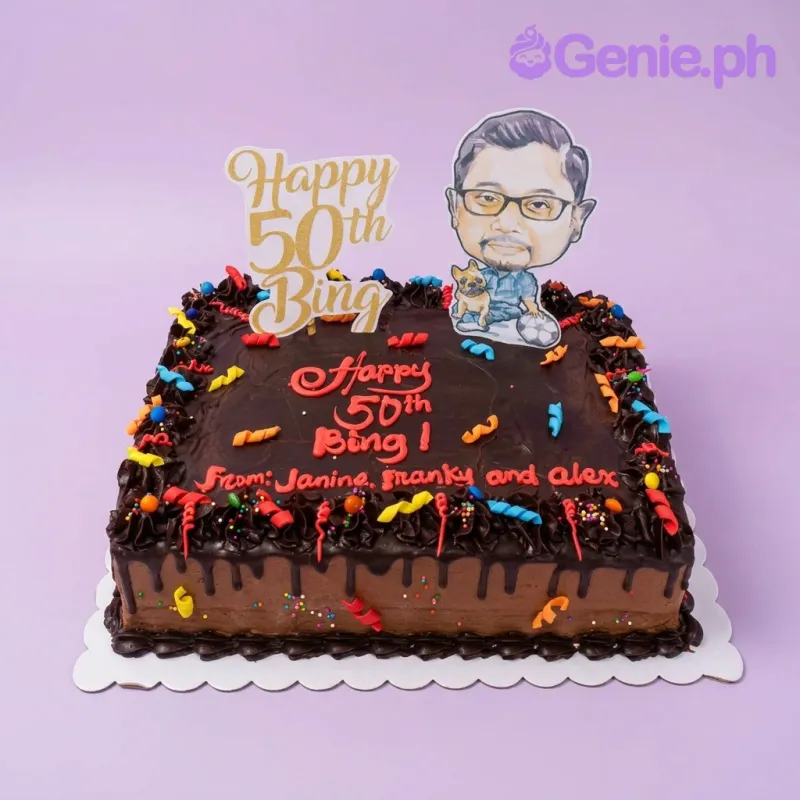A brown and black rectangle 50th birthday caricature cake, featuring a custom caricature printout and colorful icing swirls. A brown and black rectangle 50th birthday caricature cake, featuring a custom caricature printout and colorful icing swirls.