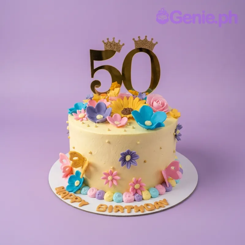 A yellow 1-tier cake themed 50th Birthday Floral, featuring a gold '50' topper with crowns, colorful fondant flowers, butterflies, and text. A yellow 1-tier cake themed 50th Birthday Floral, featuring a gold '50' topper with crowns, colorful fondant flowers, butterflies, and text.