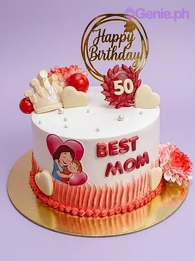 50th birthday mom 1 Tier - gold, red, white theme with gold happy birthday topper and white fondant hearts 50th birthday mom 1 Tier - gold, red, white theme with gold happy birthday topper and white fondant hearts