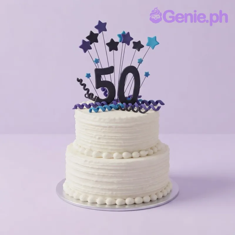 White 2-tier birthday cake with smooth soft icing, a black cardstock number 50 topper, and fondant star toppers White 2-tier birthday cake with smooth soft icing, a black cardstock number 50 topper, and fondant star toppers