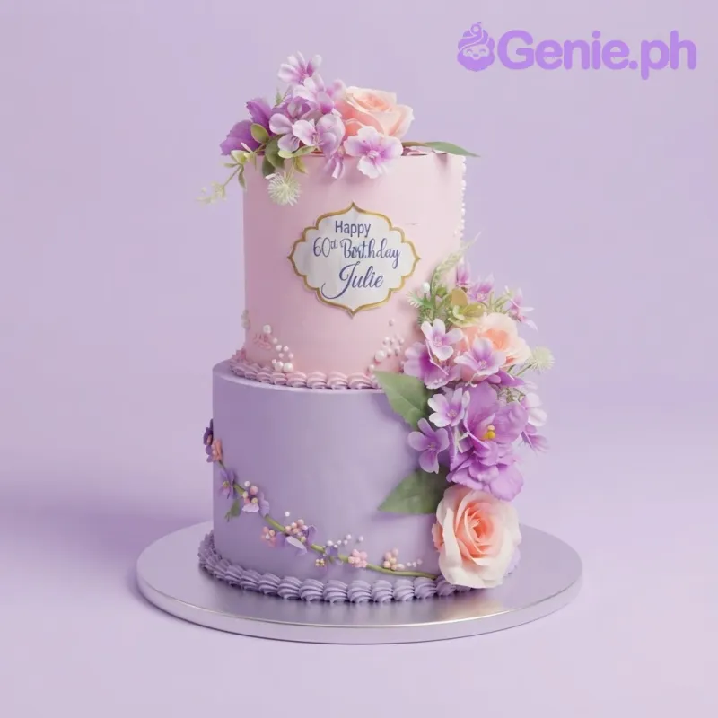 Pastel pink 2-tier cake with smooth icing, purple orchid sprays, peach roses, and a piped lavender shell base border Pastel pink 2-tier cake with smooth icing, purple orchid sprays, peach roses, and a piped lavender shell base border