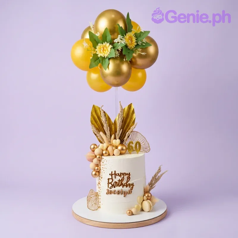 A white 1-tier cake for a 60th Birthday Gold, featuring gold balloons, gold palm leaves, a gold '60' candle, and gold and beige spheres. A white 1-tier cake for a 60th Birthday Gold, featuring gold balloons, gold palm leaves, a gold '60' candle, and gold and beige spheres.
