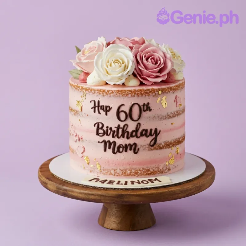 Pink semi-naked 60th birthday cake for mom decorated with large pink and white edible roses and gold leaf accents. Pink semi-naked 60th birthday cake for mom decorated with large pink and white edible roses and gold leaf accents.