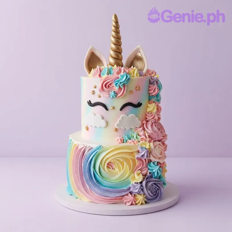 Pastel rainbow 2-tier cake with a unicorn horn, ears, piped rosettes, and fondant clouds Pastel rainbow 2-tier cake with a unicorn horn, ears, piped rosettes, and fondant clouds