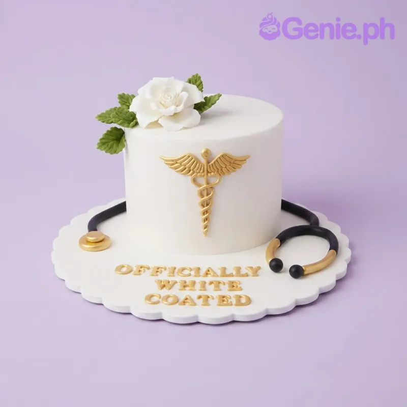 White fondant cake with a gold caduceus symbol, a white rose, and a stethoscope decoration on the base board White fondant cake with a gold caduceus symbol, a white rose, and a stethoscope decoration on the base board