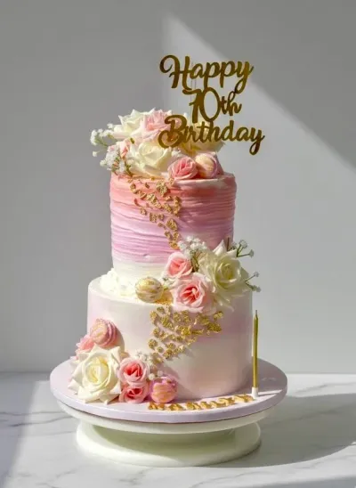 Elegant 2-tier pink and white ombre birthday cake with fresh roses, gold leaf accents, and a gold 70th birthday topper. Elegant 2-tier pink and white ombre birthday cake with fresh roses, gold leaf accents, and a gold 70th birthday topper.