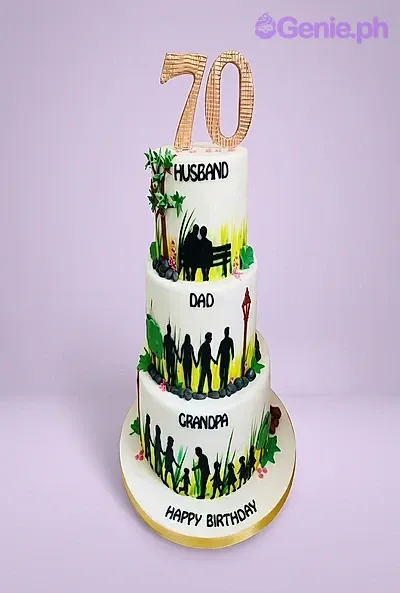 3-tier white fondant birthday cake for a 70th birthday featuring family silhouettes and a large gold 70 topper. 3-tier white fondant birthday cake for a 70th birthday featuring family silhouettes and a large gold 70 topper.