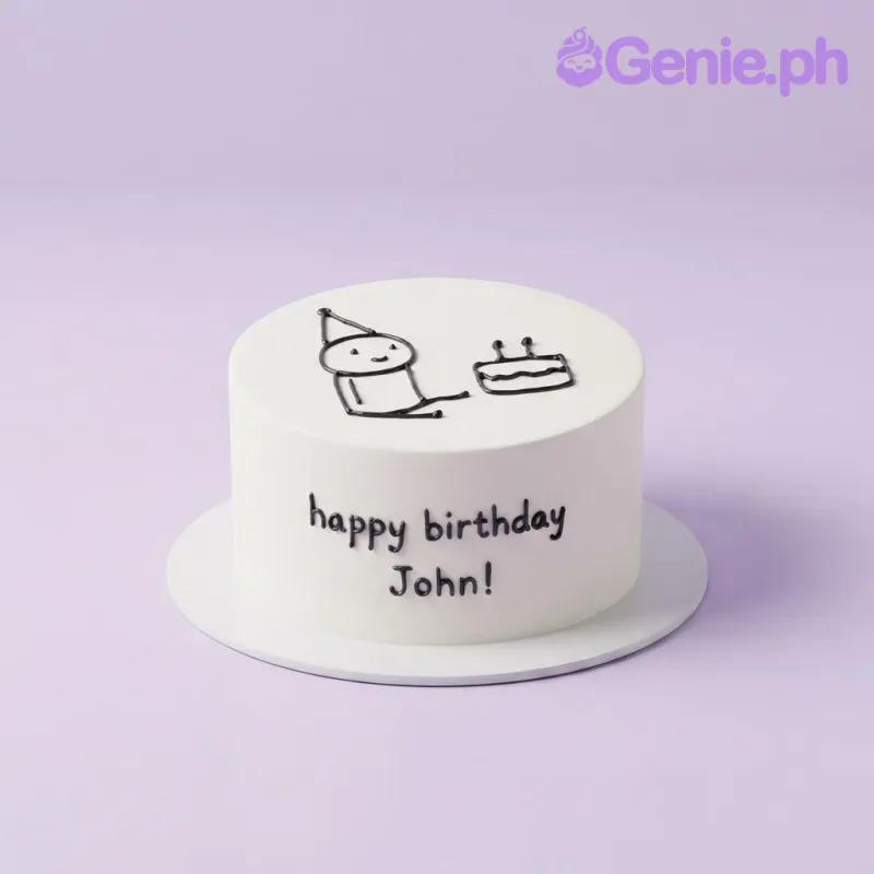 White bento cake with smooth soft icing, black piped line art doodle, and handwritten icing script White bento cake with smooth soft icing, black piped line art doodle, and handwritten icing script