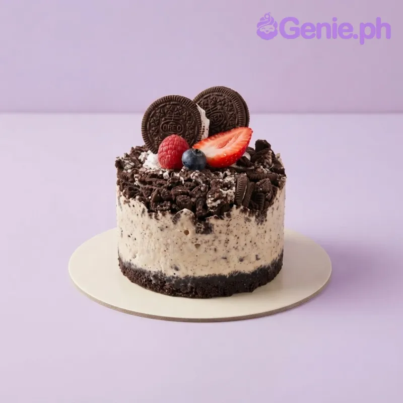 Beige cookies and cream 1-tier cake with soft icing, crushed cookie toppings, whole cookies, and berries Beige cookies and cream 1-tier cake with soft icing, crushed cookie toppings, whole cookies, and berries