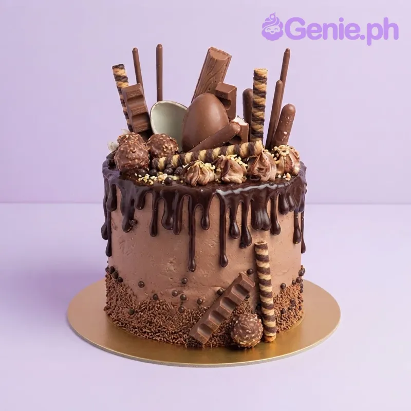 Chocolate drip cake with assorted chocolate bars, wafer sticks, and Ferrero Rocher toppings Chocolate drip cake with assorted chocolate bars, wafer sticks, and Ferrero Rocher toppings