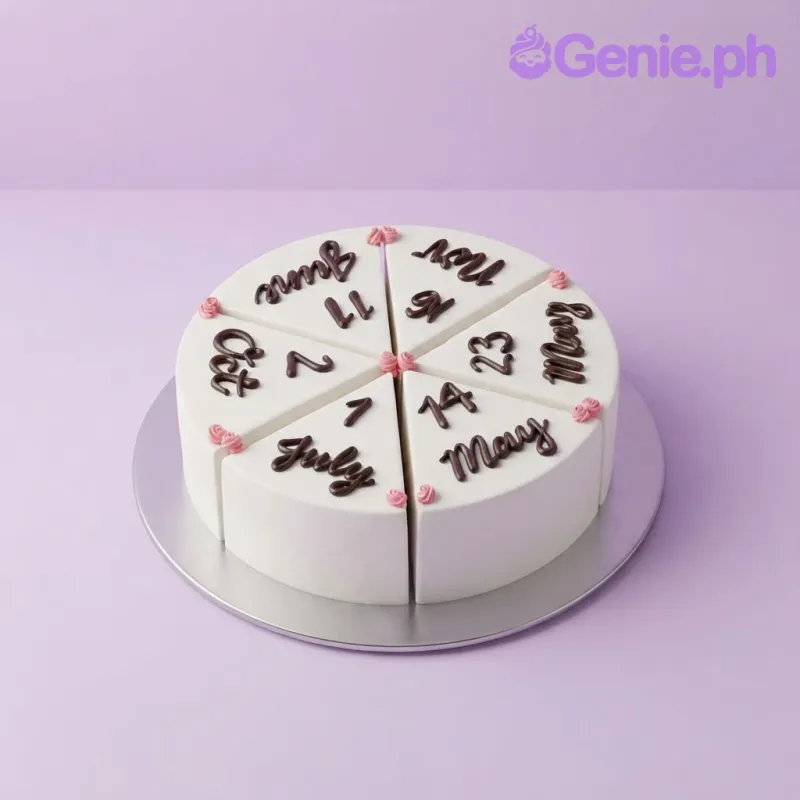 White round cake with black piped birthday dates for each month on individual slices White round cake with black piped birthday dates for each month on individual slices