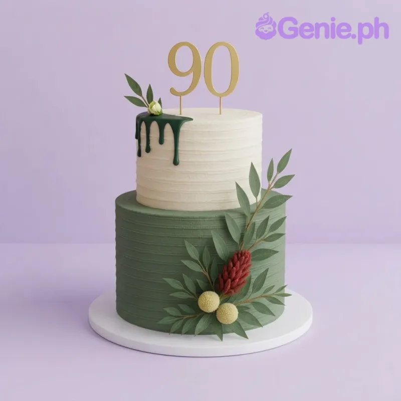 Light green and white 2-tier birthday cake with soft icing, gold drip, a gold 90 topper, and fondant floral sprigs Light green and white 2-tier birthday cake with soft icing, gold drip, a gold 90 topper, and fondant floral sprigs