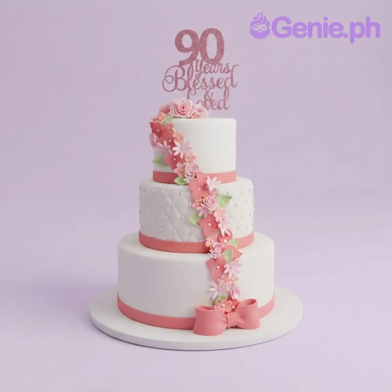 White 3-tier fondant cake with a coral bow, cascading pink and coral sugar flowers, and a rose gold glitter age topper White 3-tier fondant cake with a coral bow, cascading pink and coral sugar flowers, and a rose gold glitter age topper