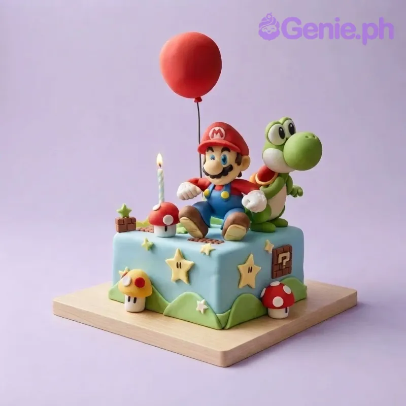 Light blue square fondant cake with Mario and Yoshi figurines, a red balloon, and Super Mario themed decorations. Light blue square fondant cake with Mario and Yoshi figurines, a red balloon, and Super Mario themed decorations.
