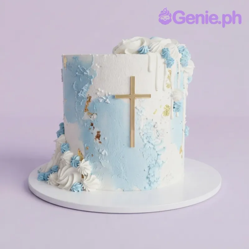 White and light blue 1-tier soft icing cake with gold leaf accents, a gold cross topper, and piped rosettes White and light blue 1-tier soft icing cake with gold leaf accents, a gold cross topper, and piped rosettes
