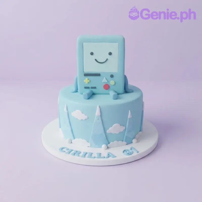 Light blue fondant cake with a BMO character topper, white cloud accents, and matching BMO cupcakes Light blue fondant cake with a BMO character topper, white cloud accents, and matching BMO cupcakes