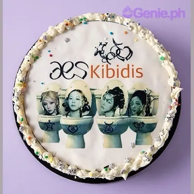 Round white cake with an edible photo print of four characters on toilets and a piped icing border Round white cake with an edible photo print of four characters on toilets and a piped icing border