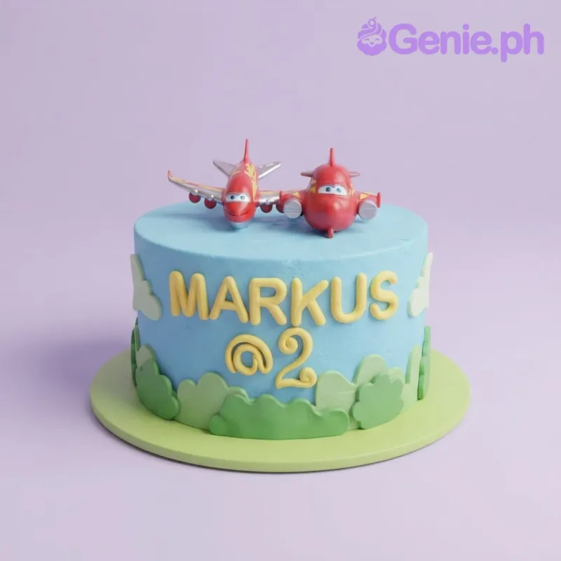 Light blue 1-tier cake with airplane toys, yellow fondant name and age, and green fondant bushes Light blue 1-tier cake with airplane toys, yellow fondant name and age, and green fondant bushes