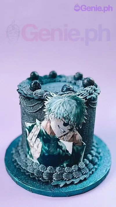 A dark teal 1-tier cake themed around Anime Gojo Satoru, featuring a large character printout and intricate piped icing borders. A dark teal 1-tier cake themed around Anime Gojo Satoru, featuring a large character printout and intricate piped icing borders.