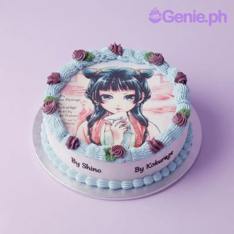 White single-tier cake with soft icing, anime edible photo topper, blue piped borders, and red fondant roses White single-tier cake with soft icing, anime edible photo topper, blue piped borders, and red fondant roses