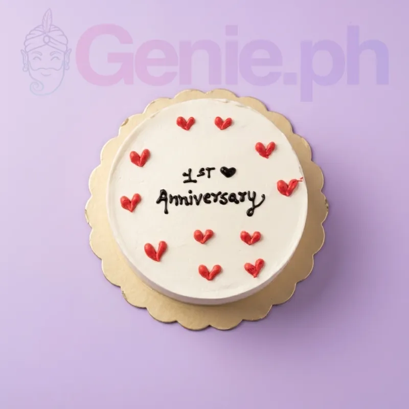 A white 1 Tier cake themed for Anniversary, featuring red icing hearts and a black '1st Anniversary' message, on a gold board. A white 1 Tier cake themed for Anniversary, featuring red icing hearts and a black '1st Anniversary' message, on a gold board.