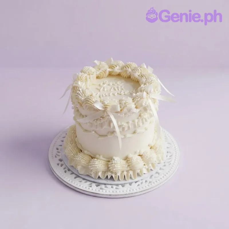 Ivory single tier minimalist cake with smooth soft icing, satin ribbon bows, and a piped buttercream ruffled border Ivory single tier minimalist cake with smooth soft icing, satin ribbon bows, and a piped buttercream ruffled border