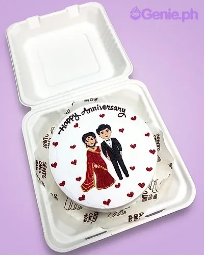 Anniversary red Bento - red theme with edible photo of a couple and small red icing hearts Anniversary red Bento - red theme with edible photo of a couple and small red icing hearts