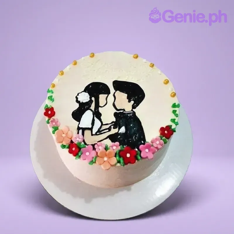 A white 1 Tier cake themed around Anniversary Silhouette, featuring a hand-painted couple silhouette and colorful fondant flowers with gold pearls. A white 1 Tier cake themed around Anniversary Silhouette, featuring a hand-painted couple silhouette and colorful fondant flowers with gold pearls.