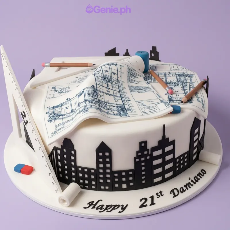 White fondant cake with a printed blueprint topper, fondant drafting tools, and a black cityscape silhouette around the base. White fondant cake with a printed blueprint topper, fondant drafting tools, and a black cityscape silhouette around the base.