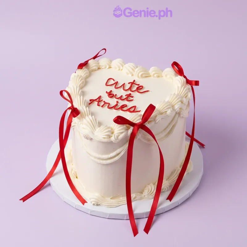 White heart-shaped cake with soft icing, red piped text, and red satin ribbon bows White heart-shaped cake with soft icing, red piped text, and red satin ribbon bows