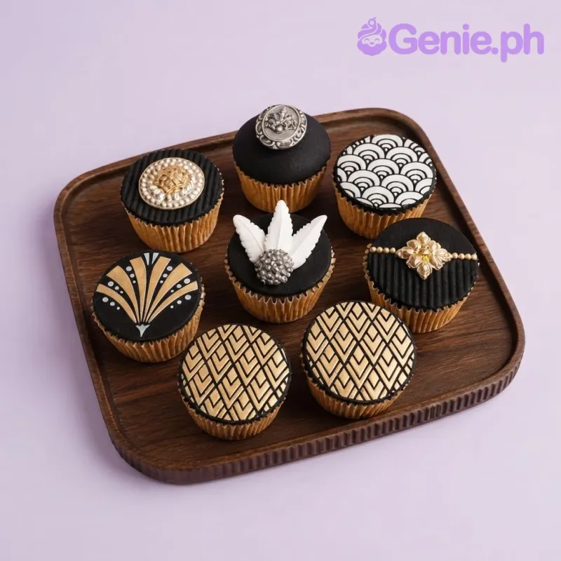 Black cupcakes with smooth icing, art deco theme, gold fan toppers, and white sugar pearls Black cupcakes with smooth icing, art deco theme, gold fan toppers, and white sugar pearls
