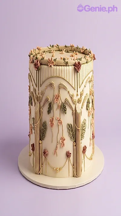 Ivory 1-tier fondant cake with Art Nouveau style floral relief and vertical column details Ivory 1-tier fondant cake with Art Nouveau style floral relief and vertical column details